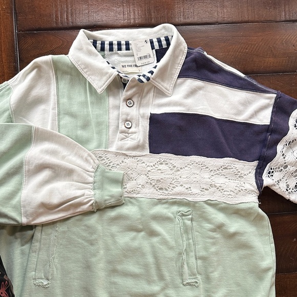 Free People Tops - Free People Mint Green White and Navy Lace-Trim Rugby Pullover